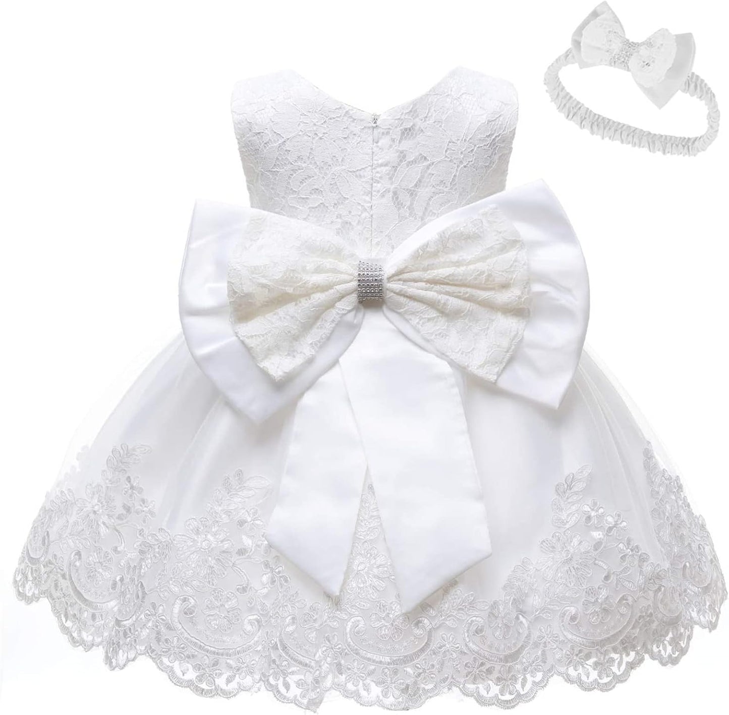 0-6T Baby Girl Party Dress with Lace Embroidery and Headwear