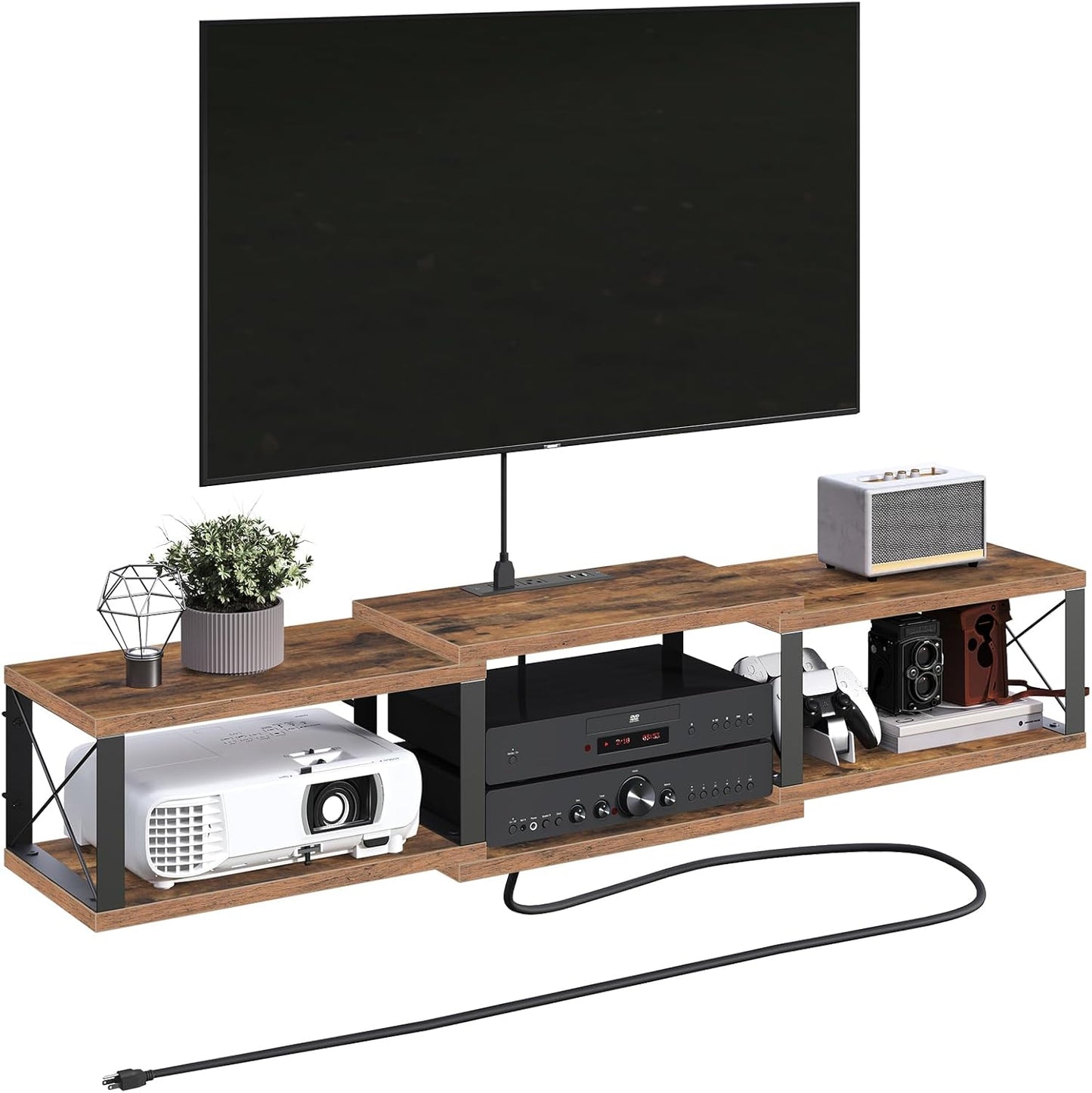 Rustic Brown Floating TV Stand with Outlet