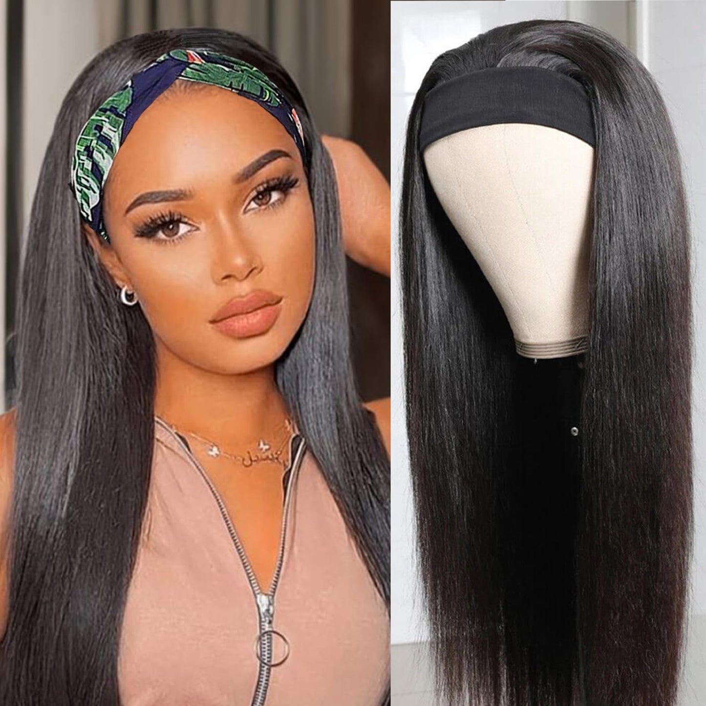 Straight Headband Wig Human Hair for Women - 18-Inch Style