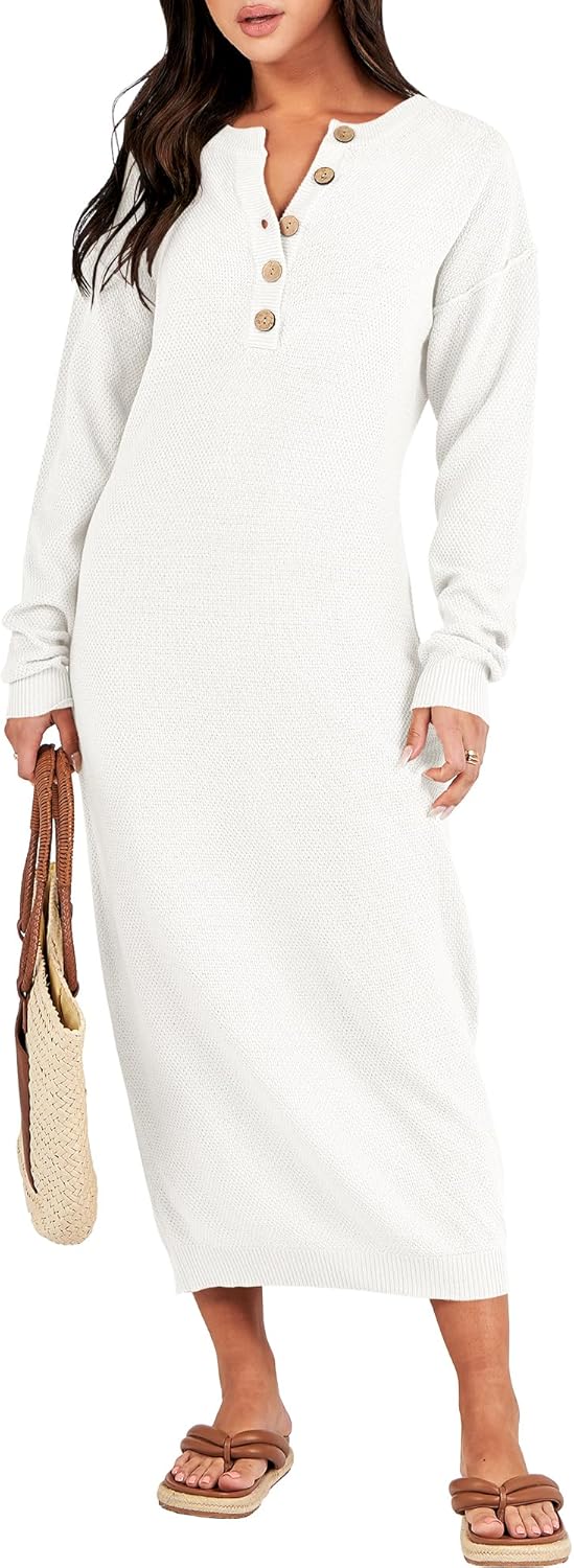 ANRABESS Women Long Sleeve V Neck Oversized Midi Sweater Dress
