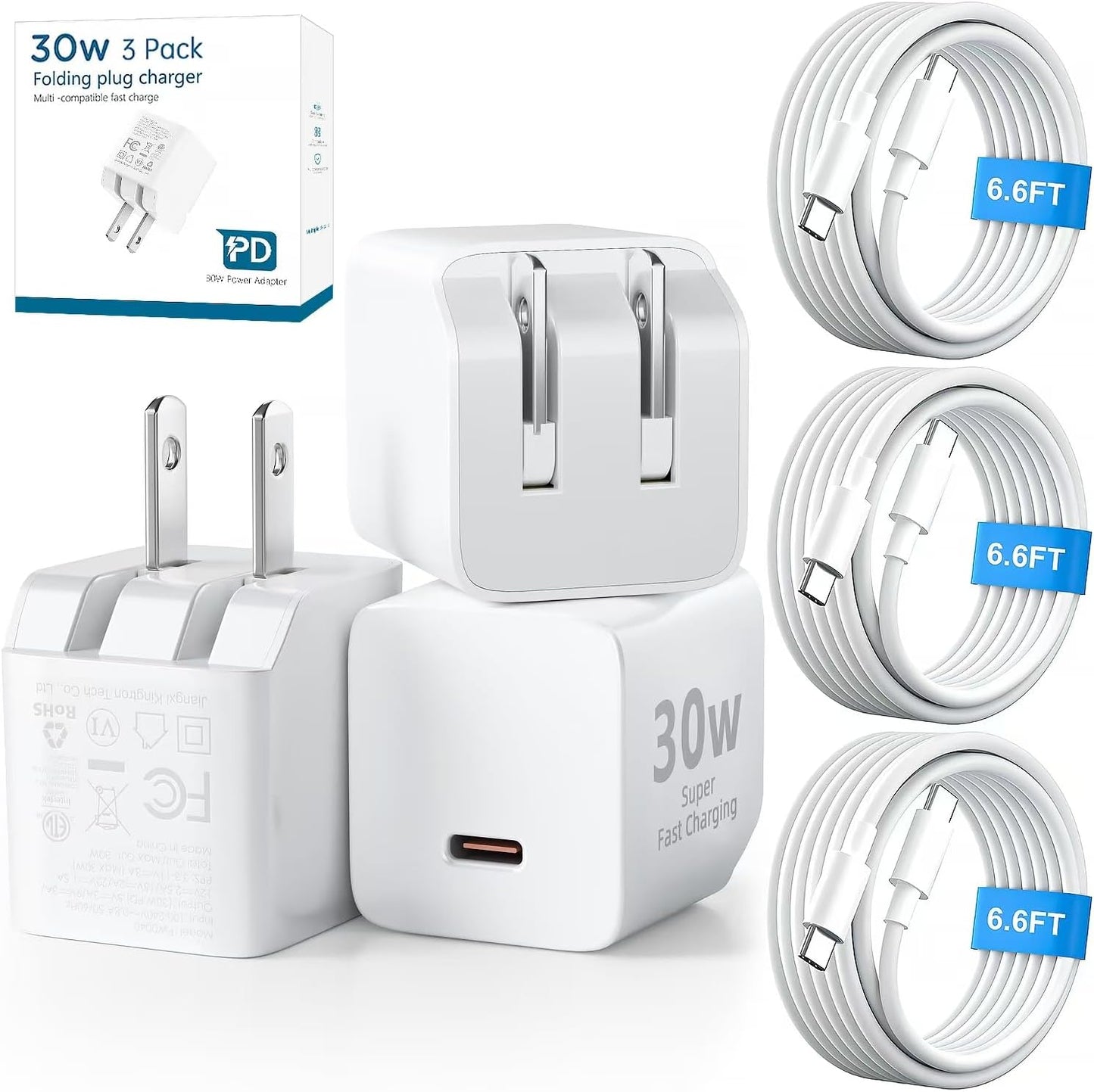 3X Faster Charging 30W USB C Wall Charger - 3 Pack