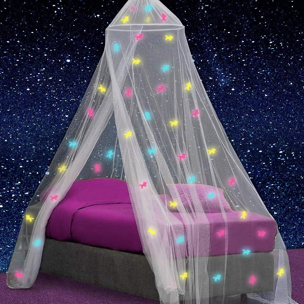 Girls Bed Canopy with Glow Unicorns - Cozy Room Decor for Kids