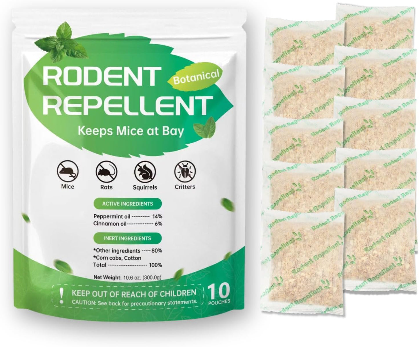 10 Pack Natural Rodent Repellent Pouches, Extra-Strength, Cinnamon & Peppermint Oil by Qualihome