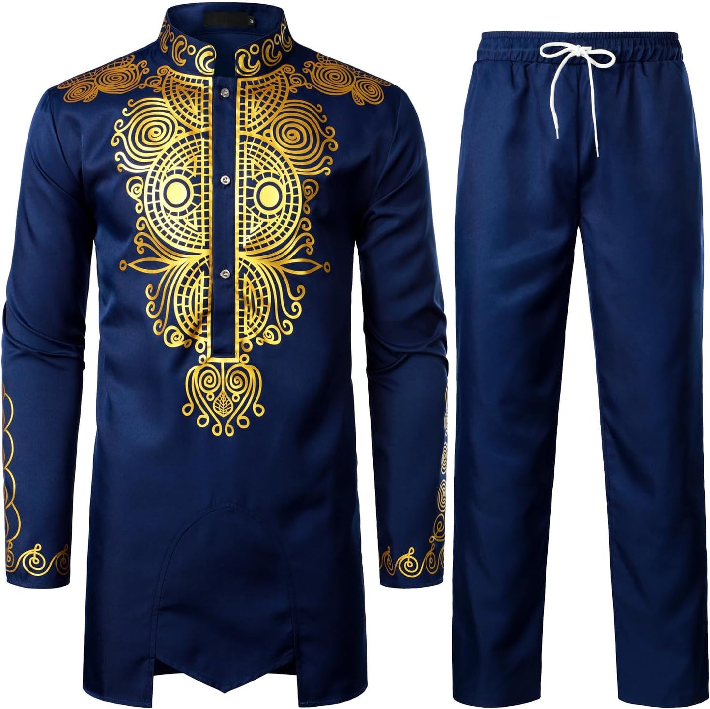 ZEROYAA Men's Africa Suit Long Sleeve Print Dashiki Outfit Set