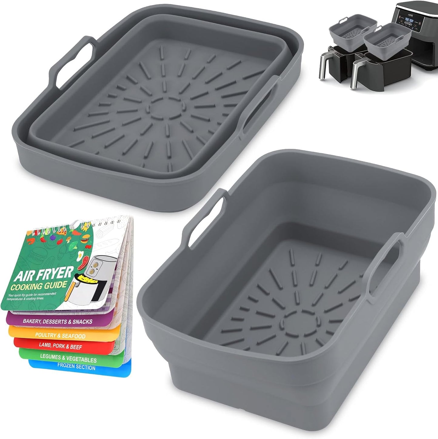 2Pcs Silicone Air Fryer Liners for 8-10 QT, Reusable + Magnetic Cheat Sheet