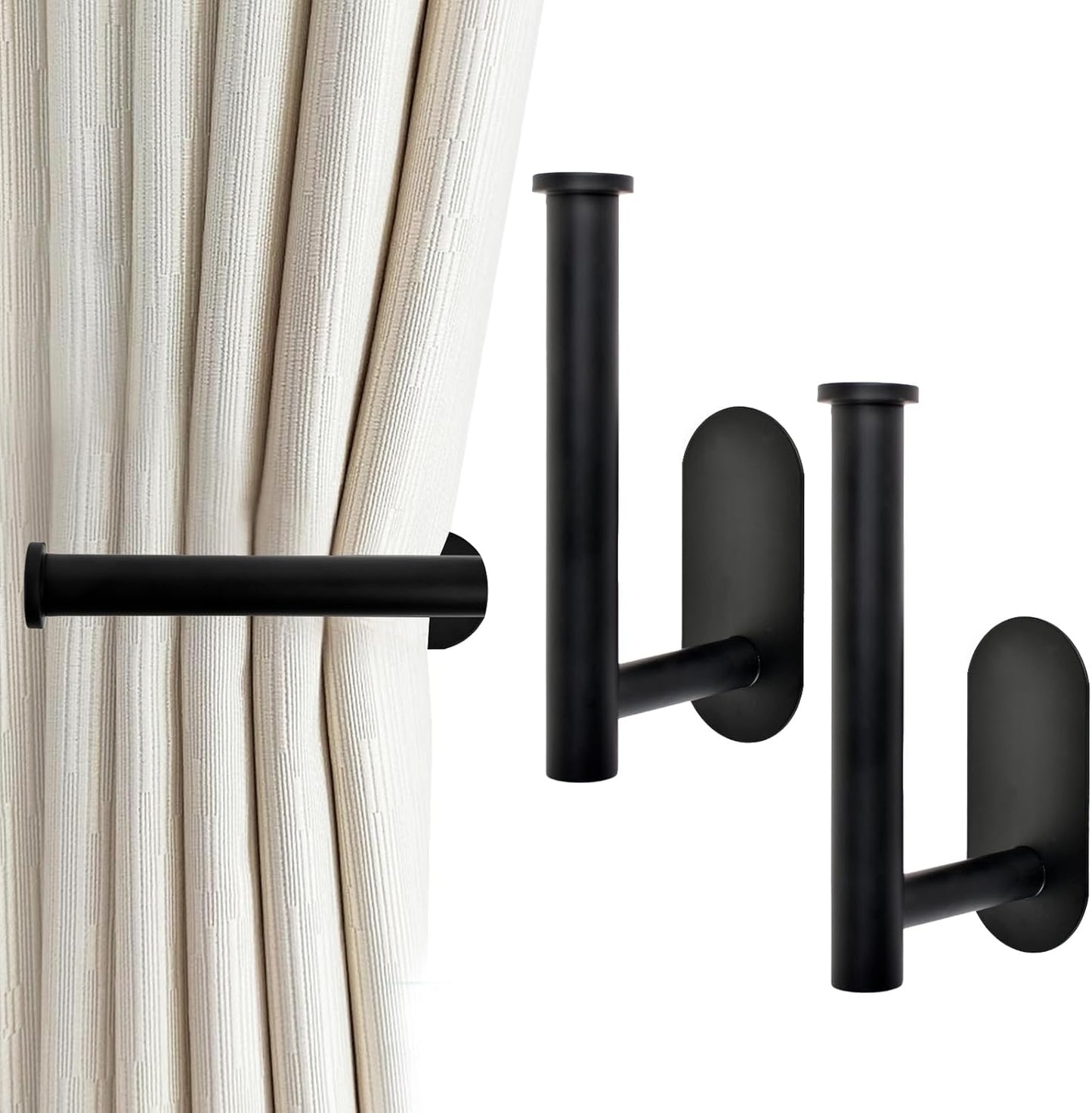 Black Metal Curtain Hooks: No Drill Holdbacks x2