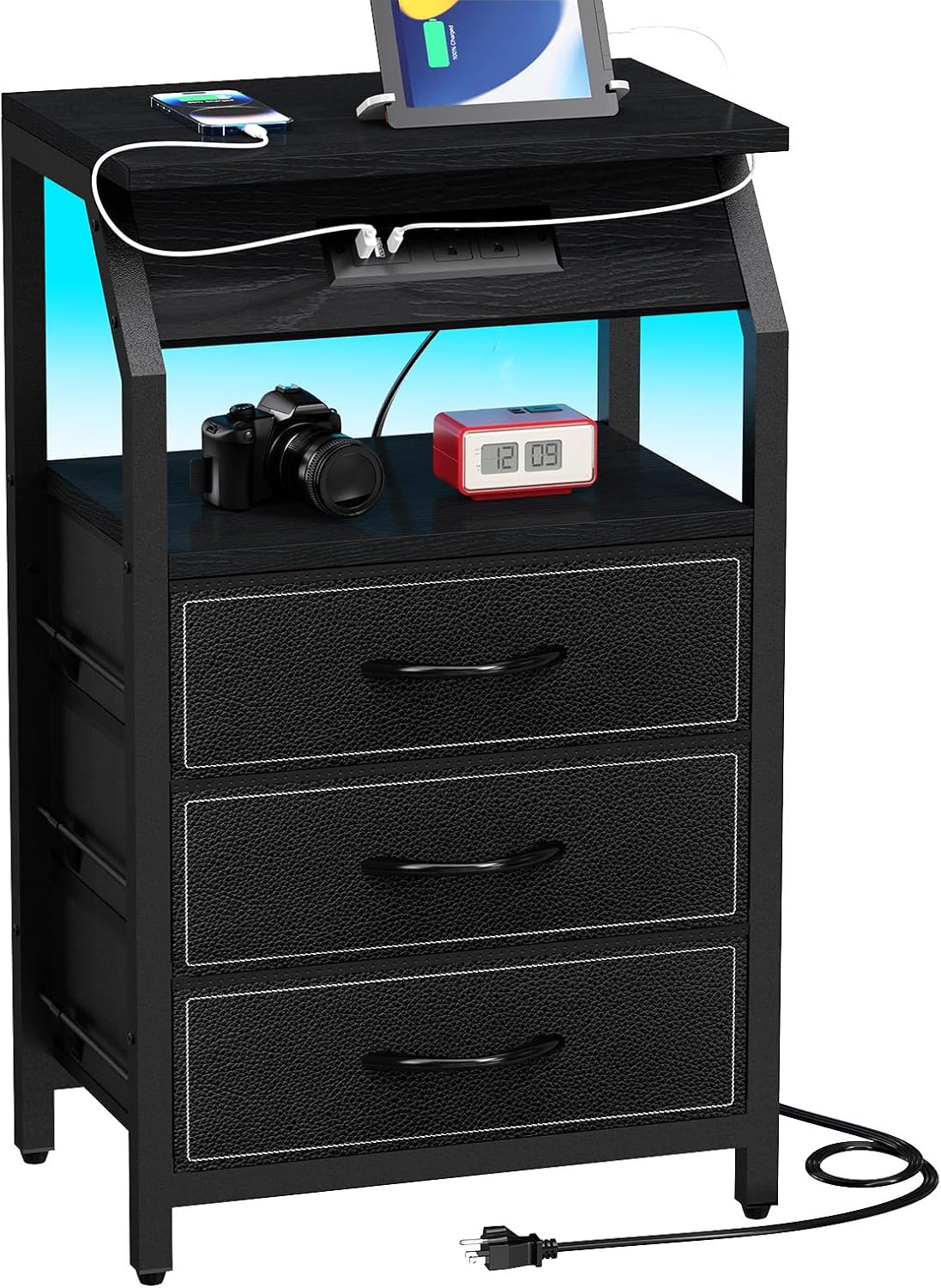 End Table with 3 Drawers and Charging Station for Modern Living