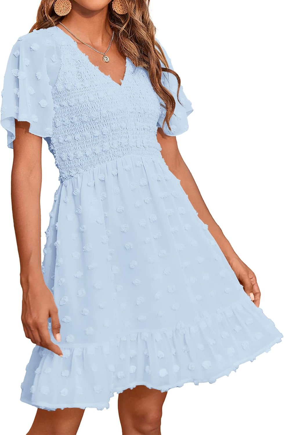 Womens Beach Vacation Dress V Neck Short Sleeve Mini Dress