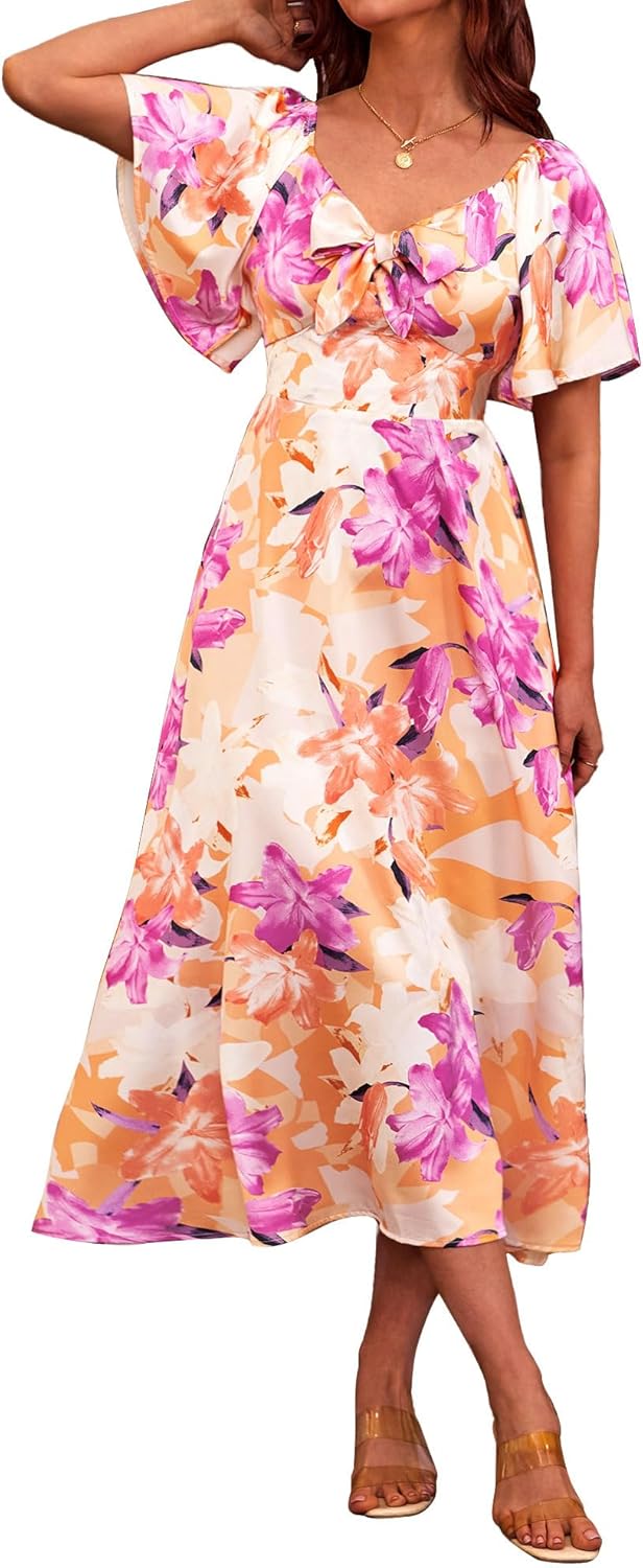 Fashionme Womens Dresses 2025 Maxi Dress with Elegant Bow Tie