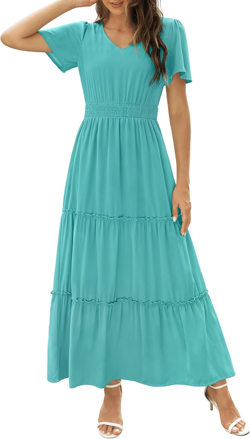 Zattcas Womens Long Summer Dress with Flutter Sleeves and V Neck