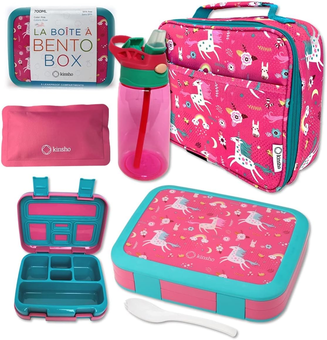 Bento Lunch Box Set with Insulated Bag and Water Bottle for Kids