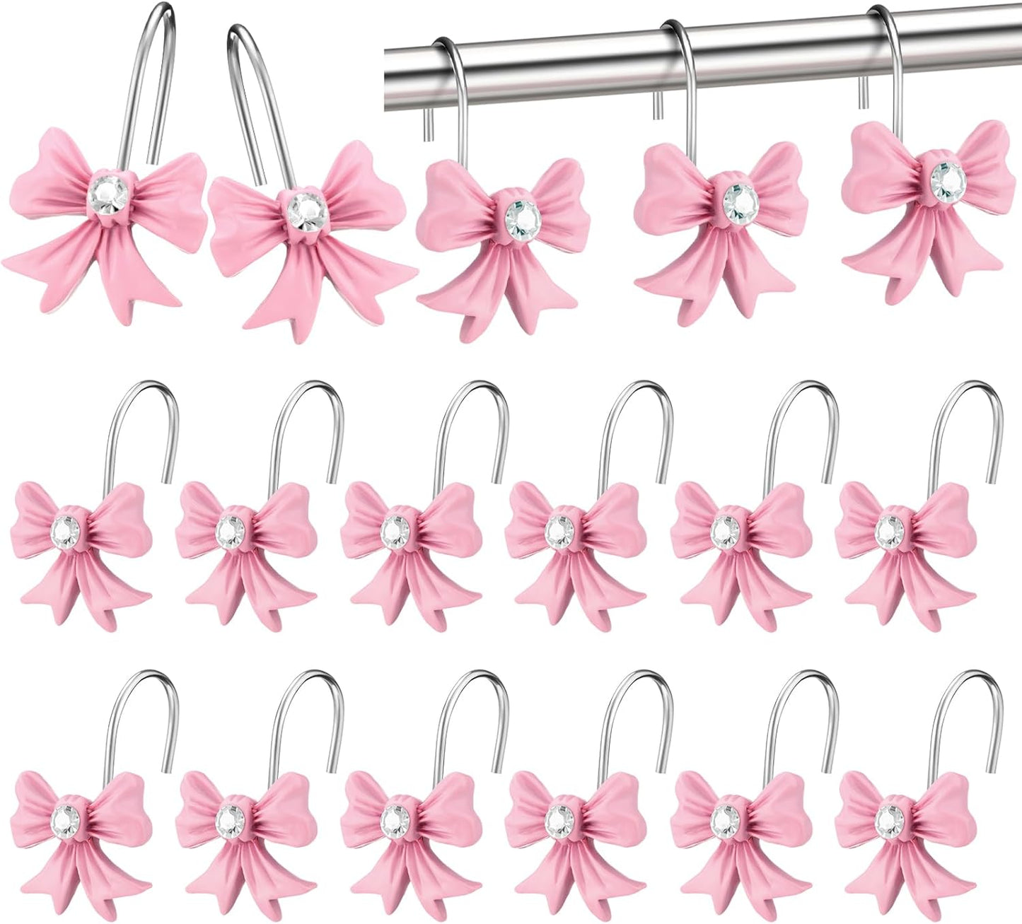12 Pink Bow Knot Shower Hooks - Elegant Bathroom Decor