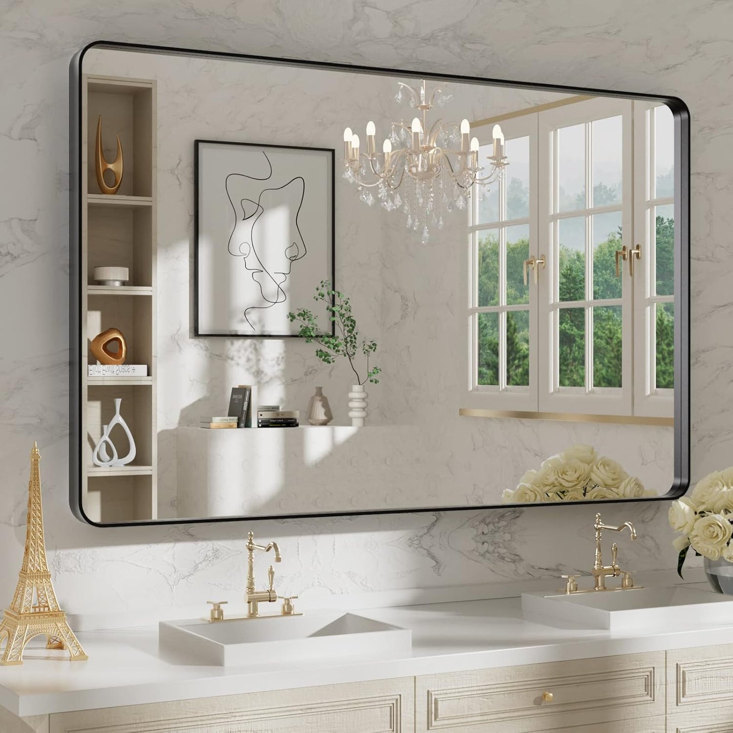 WEER 48X30 Inch Black Metal Framed Bathroom Mirror for Style