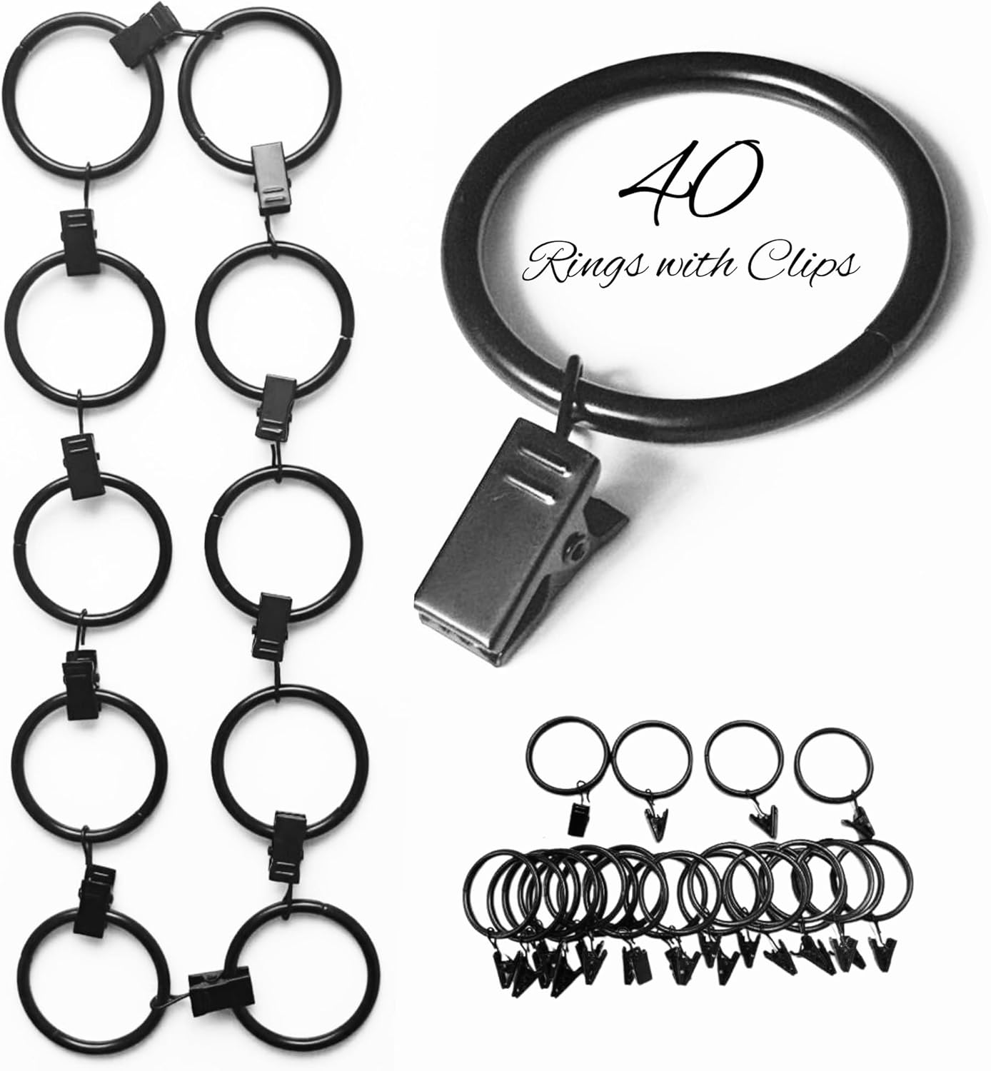 SAFAZI 40 Pack Stainless Steel Curtain Rings - Strong Grip!