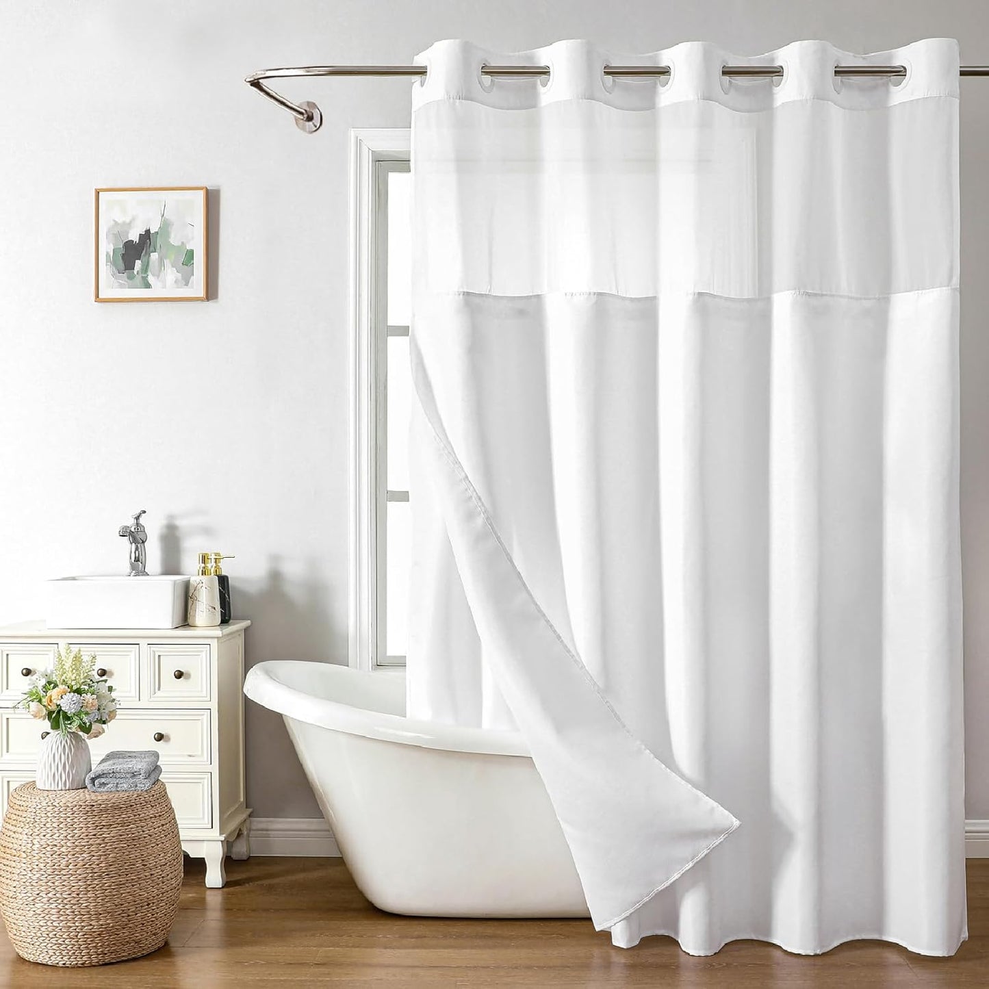 Linen Textured Shower Curtain with Snap-in Liner for Luxury Bath