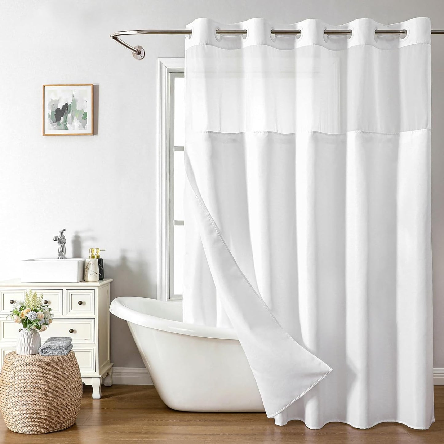 Extra Long Linen Textured Shower Curtain with Snap-in Liner Set