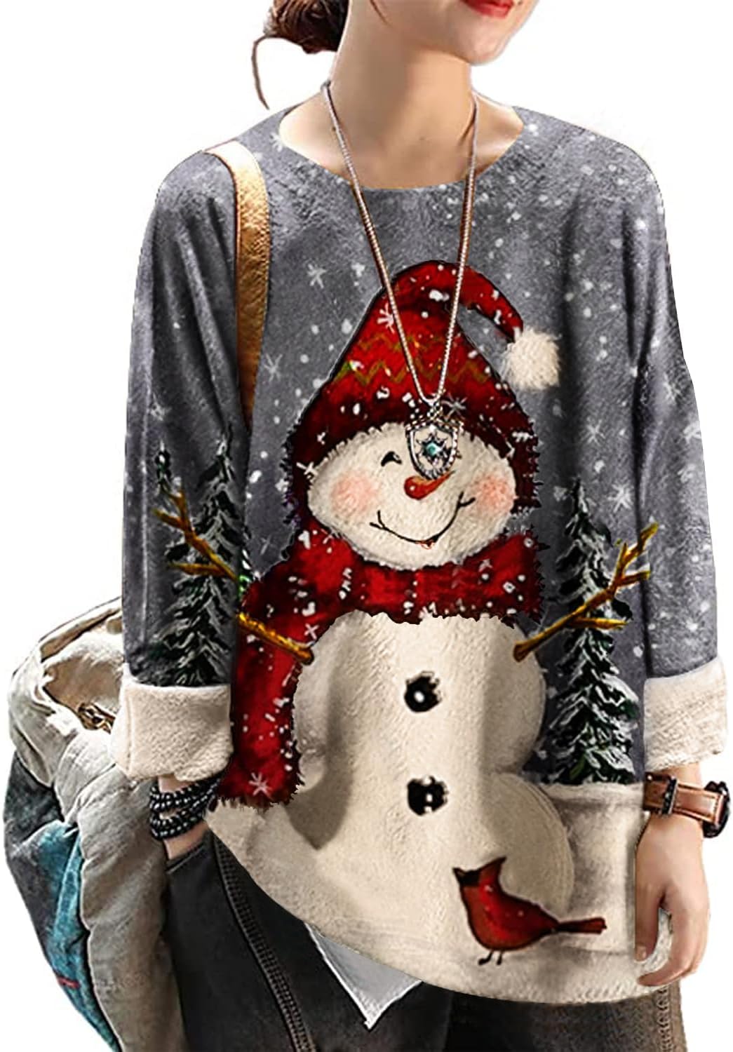 YESNO Women Christmas Sweater Graphic Printed Oversized Pullover