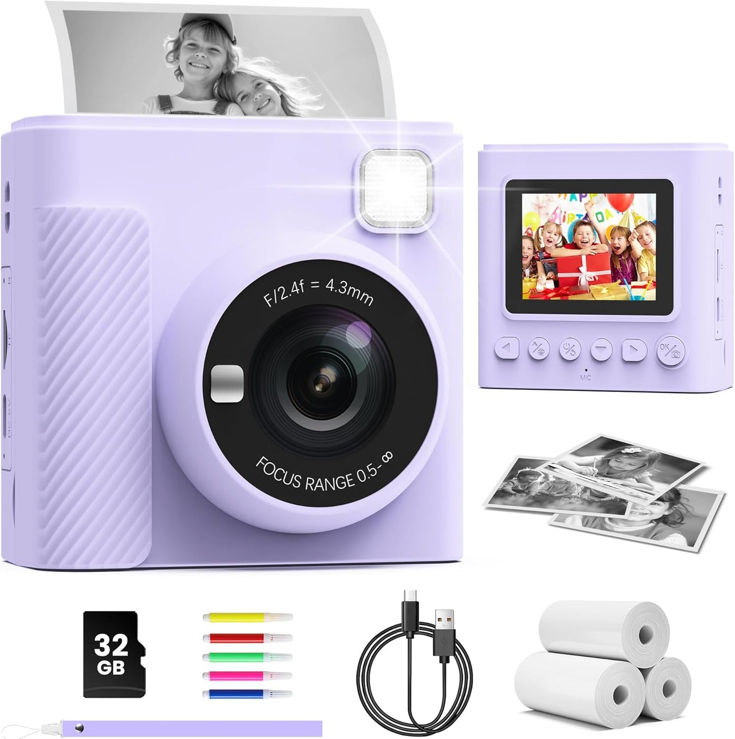 Portable Instant Print Kids Camera - HD Video, 32G Card, Print Paper - Purple