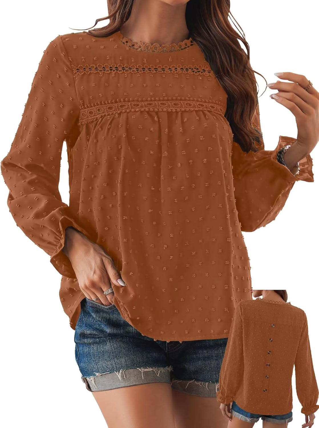 Womens Boho Tops Long Sleeve Shirts Cute Crewneck Blouse 2025