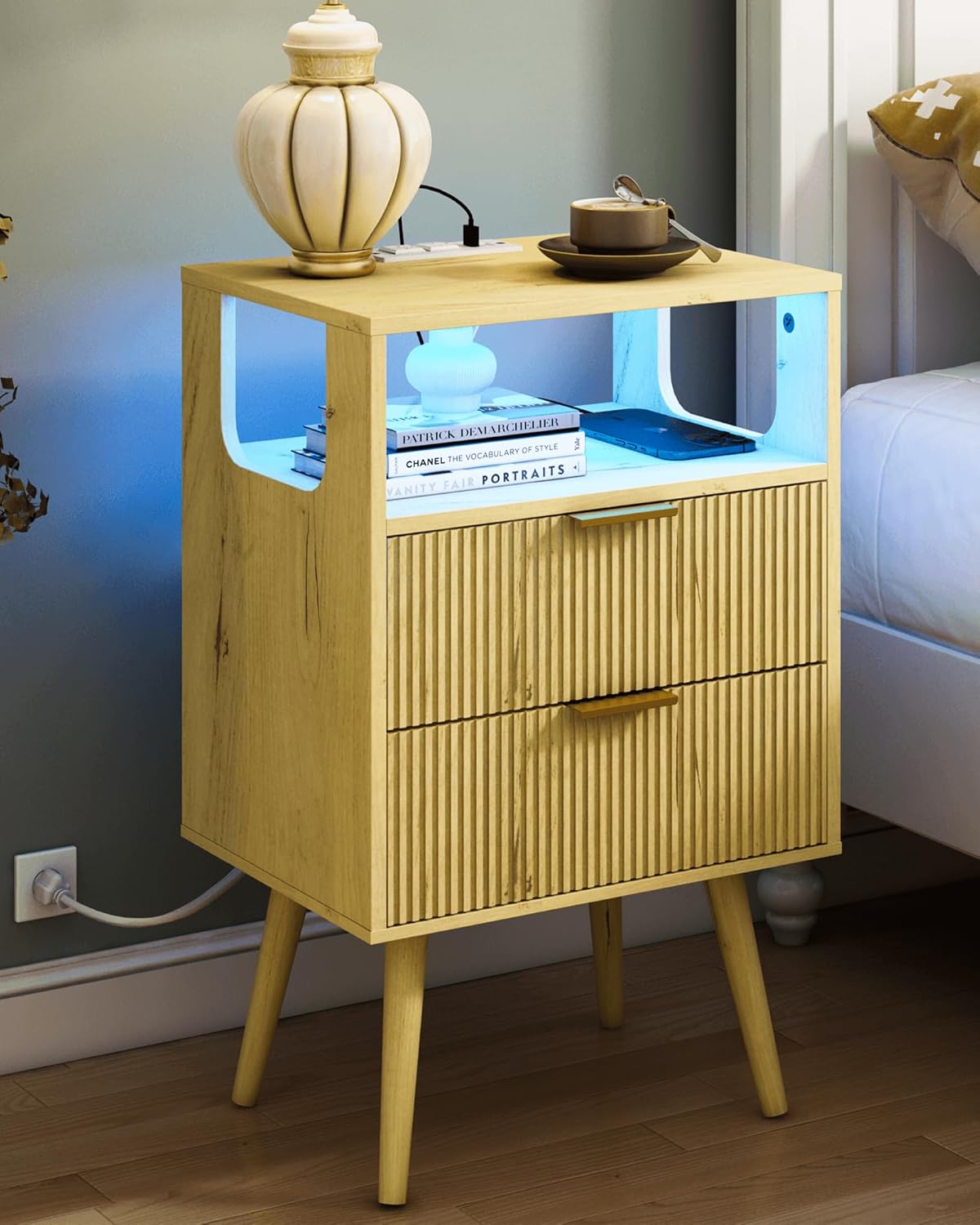 Modern Nightstand with Charging Station and LED Lights for Bedroom