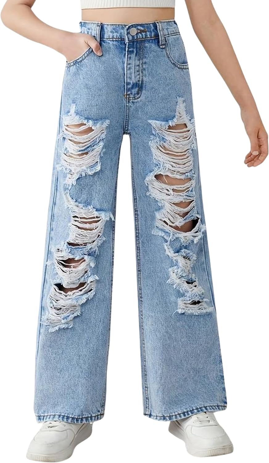 Baggy Jeans for Girls Wide Leg Ripped High Elastic Waist