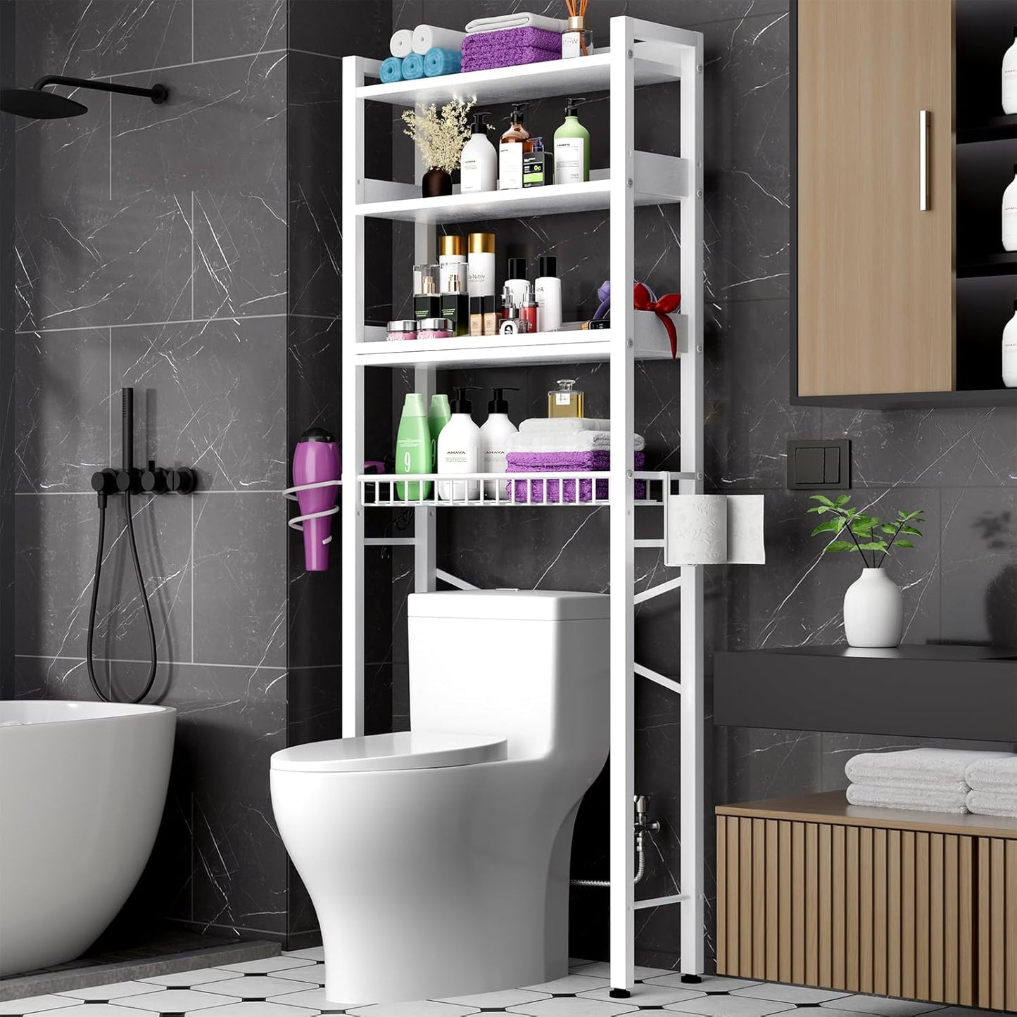 Over The Toilet Storage Cabinet with Adjustable Shelves and Baskets