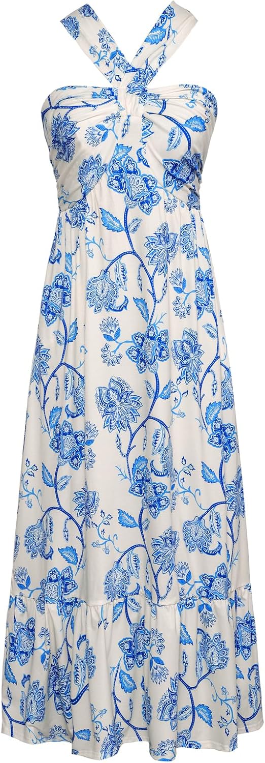 Women's Criss Cross Halterneck Floral Print Maxi Dress for Summer