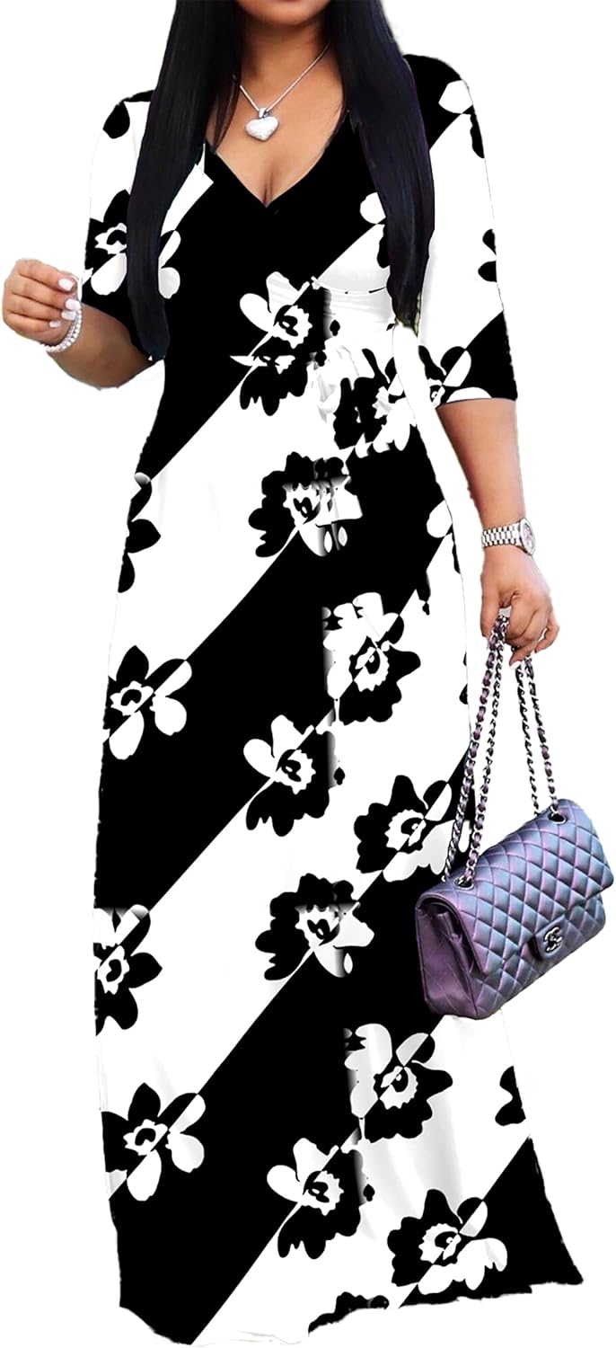Stylish Women's Casual Sexy V Neck 3/4 Sleeves Maxi Dress