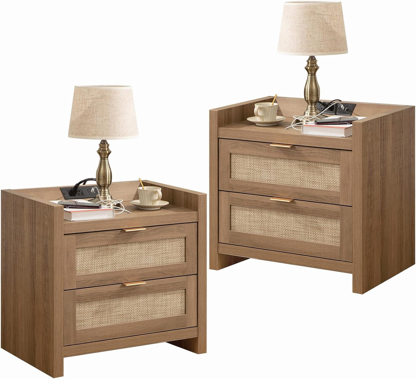 SICOTAS Rattan Night Stand Set of 2 with Charging Station