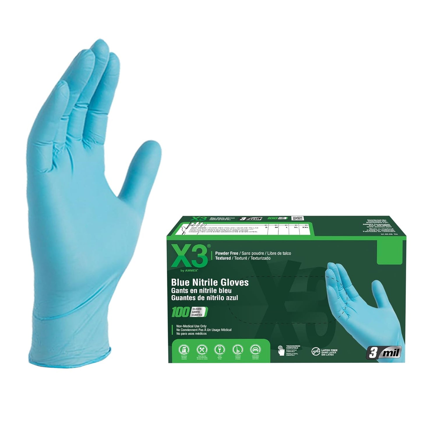 100-Count X3 Blue Nitrile Gloves, Textured Grip