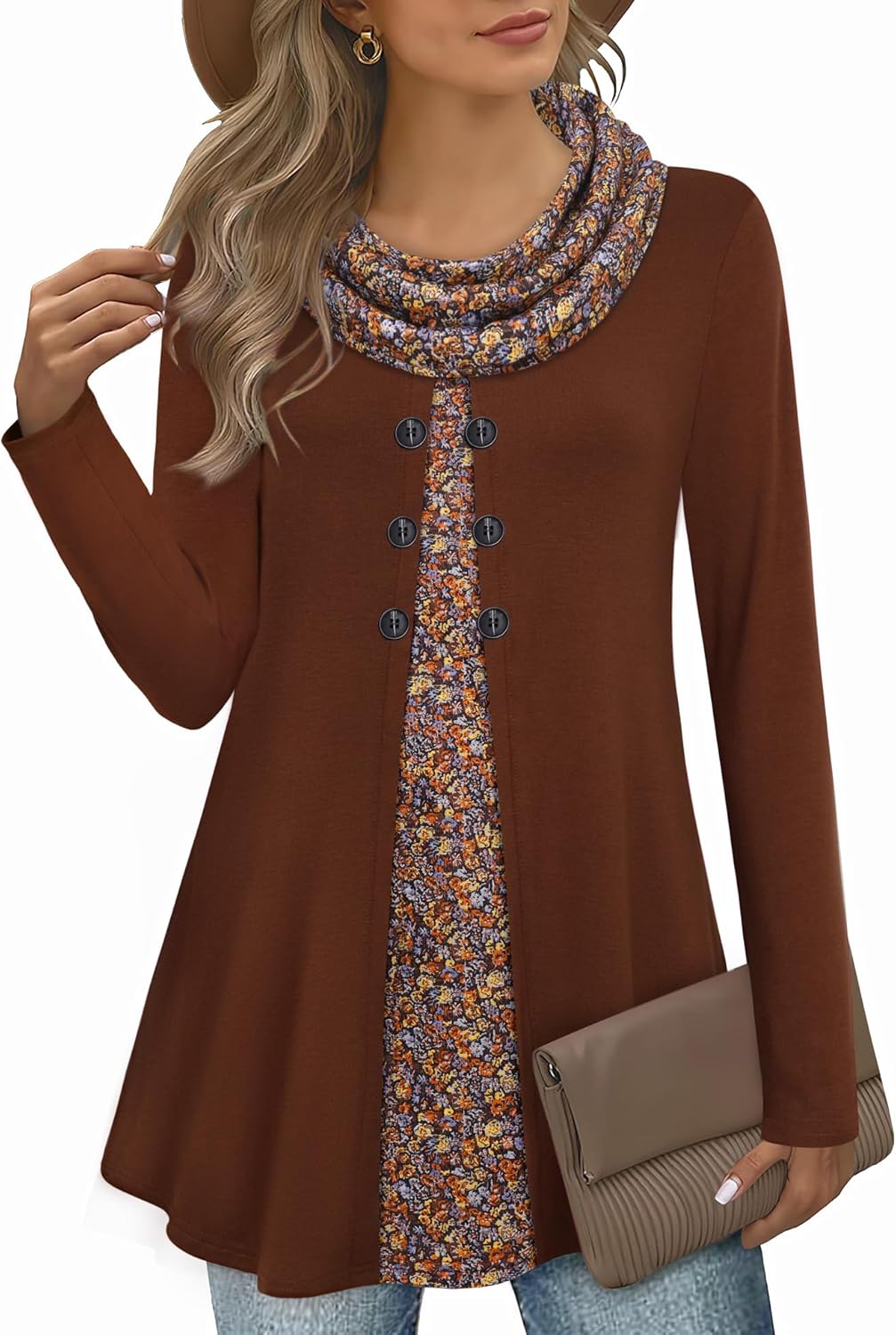 Bebonnie Womens Long Sleeve Cowl Neck Splicing Tunic Tops