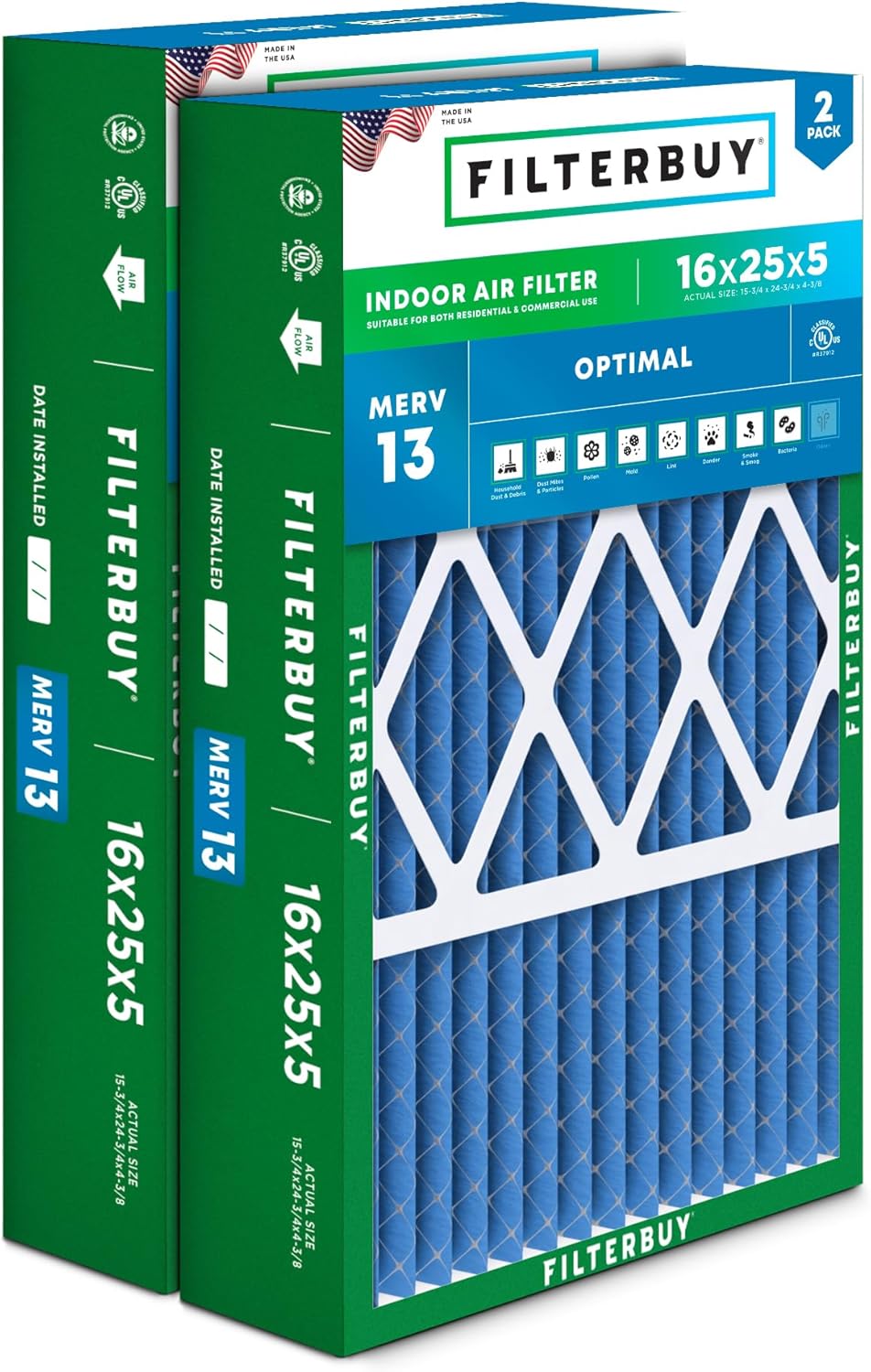 Filterbuy 16x25x5 Air Filter MERV 13 for Smoke & Allergy Defense