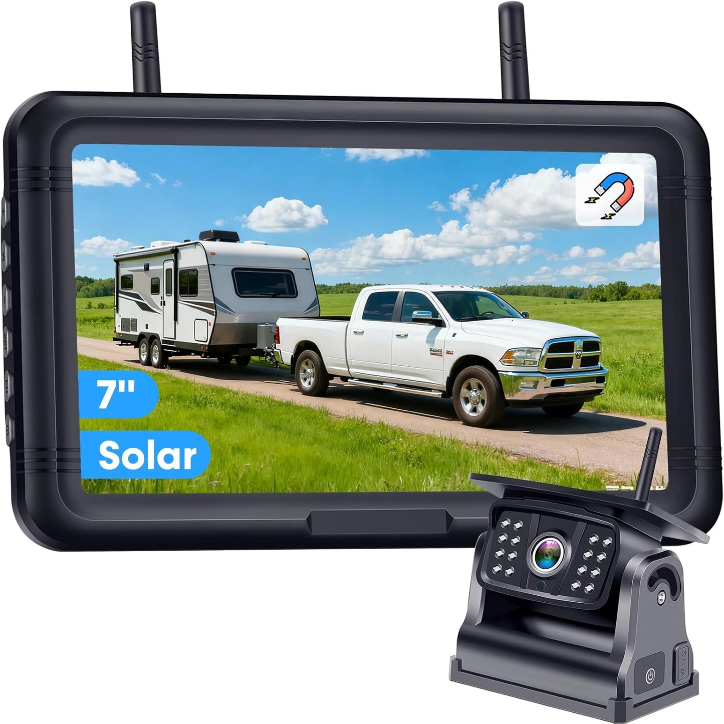 Wireless Solar Backup Camera for Trailer with 7-Inch Monitor