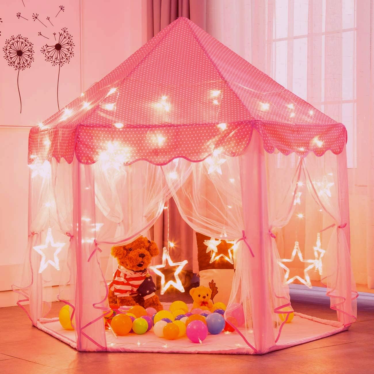 Princess Tent for Girls with Big Star Lights - Playhouse Castle