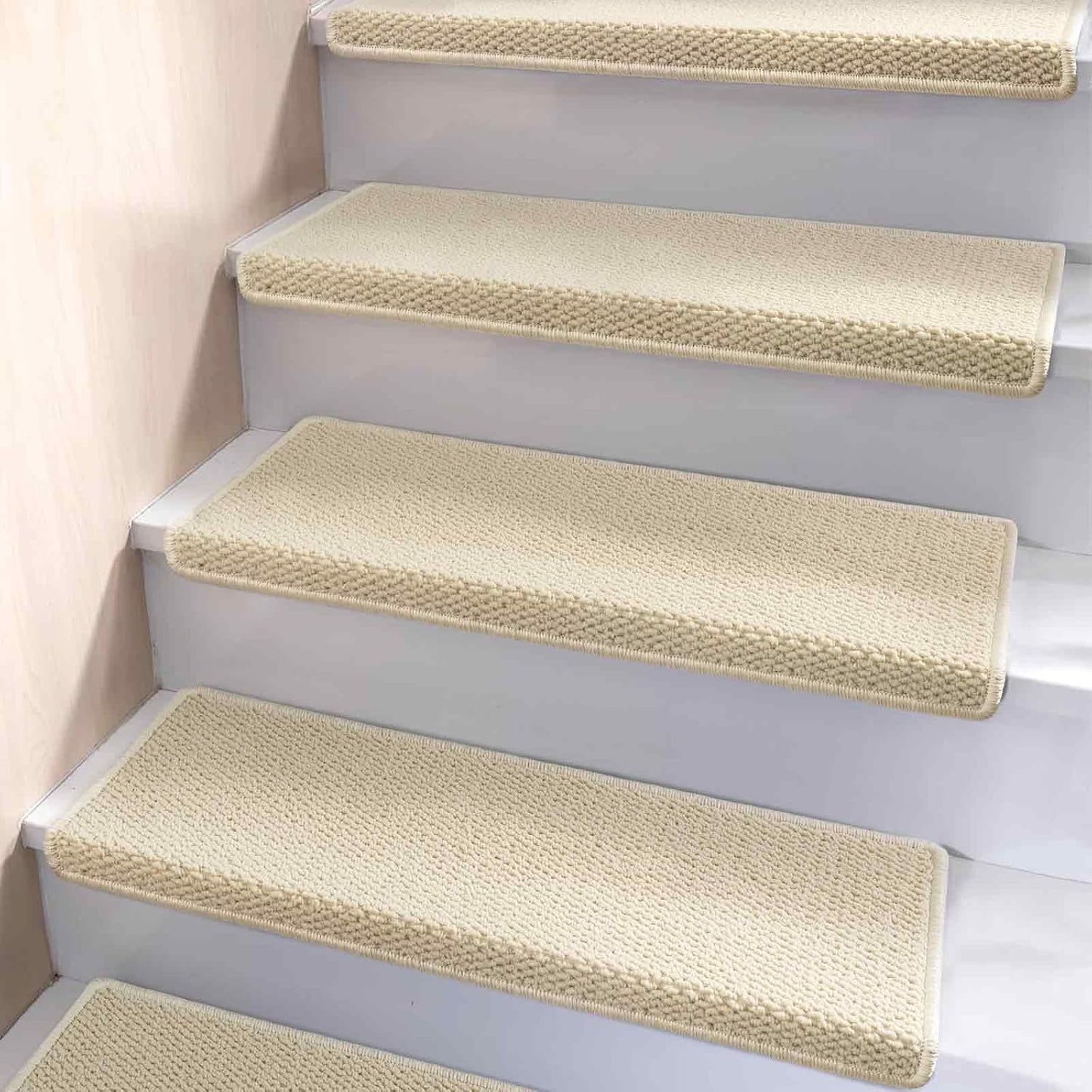 Bullnose Carpet Stair Treads for Wooden Steps, 14pcs Cream