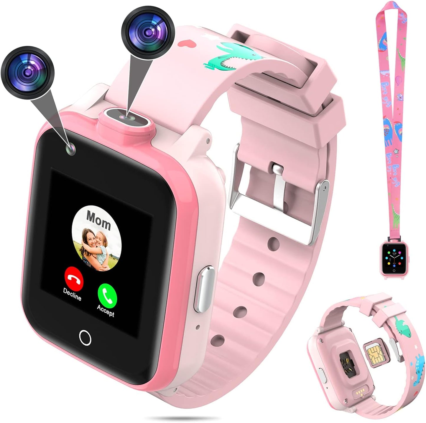 4G Kids GPS Smart Watch with Dual Camera, Calling, SOS - Perfect Gift for Boys & Girls (Pink)