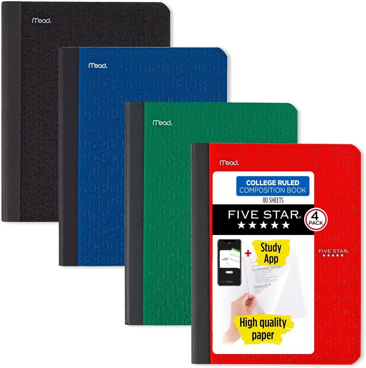 5 Star Composition Books 4 Pack + Study App - College Ruled, 80 Sheets