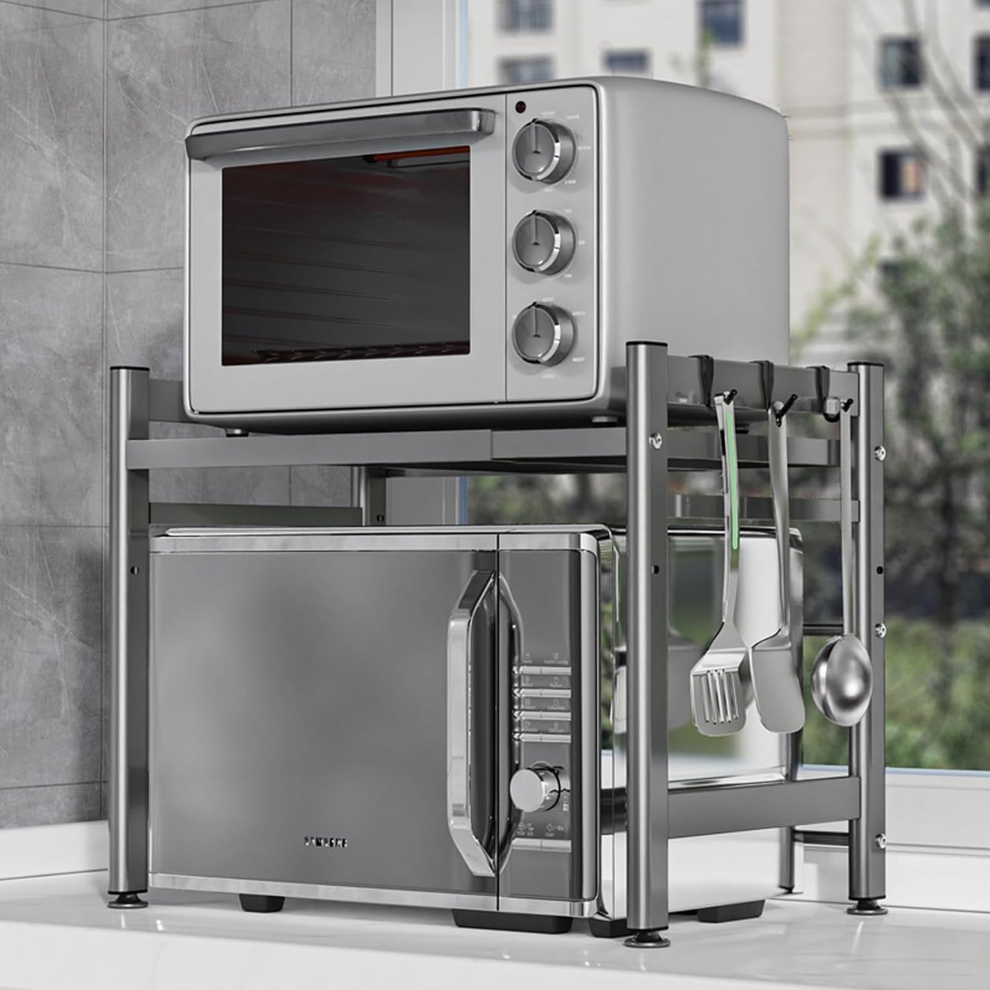 Adjustable Double Layer Microwave Shelf: Organize with Ease!