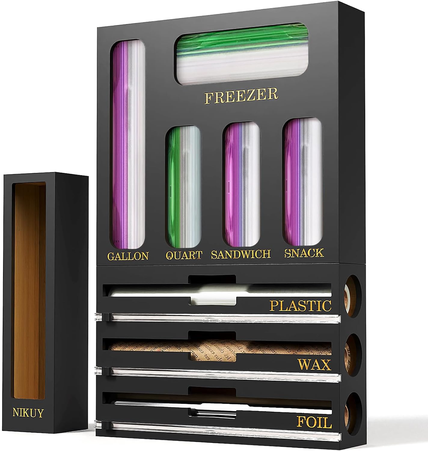 9 IN 1 Bamboo Foil and Plastic Wrap Organizer for Kitchen Drawer