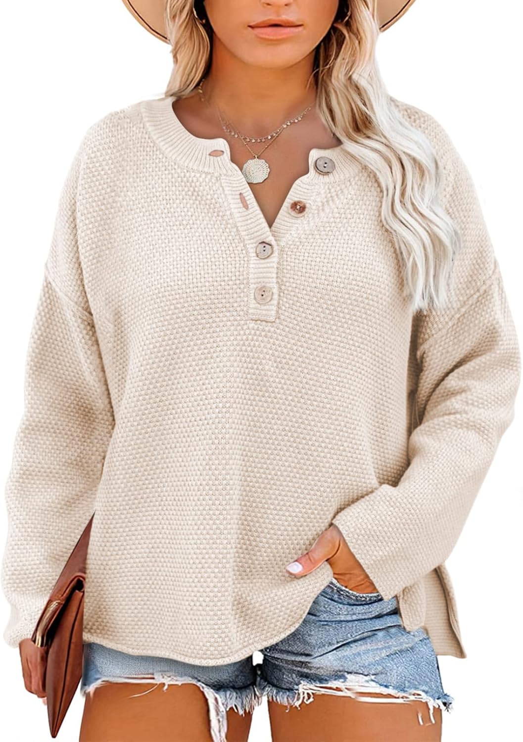 Eytino Womens Plus Size Sweaters Casual V Neck Button Tops