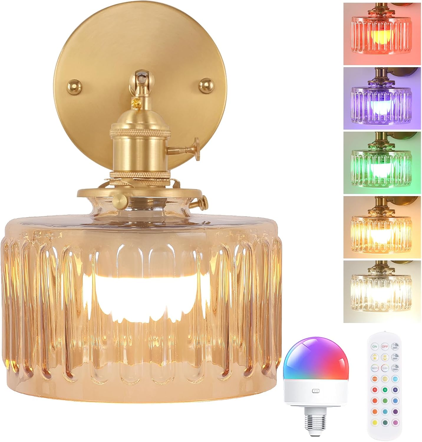 Vintage Battery Operated Wall Sconce with Amber Glass Lampshade