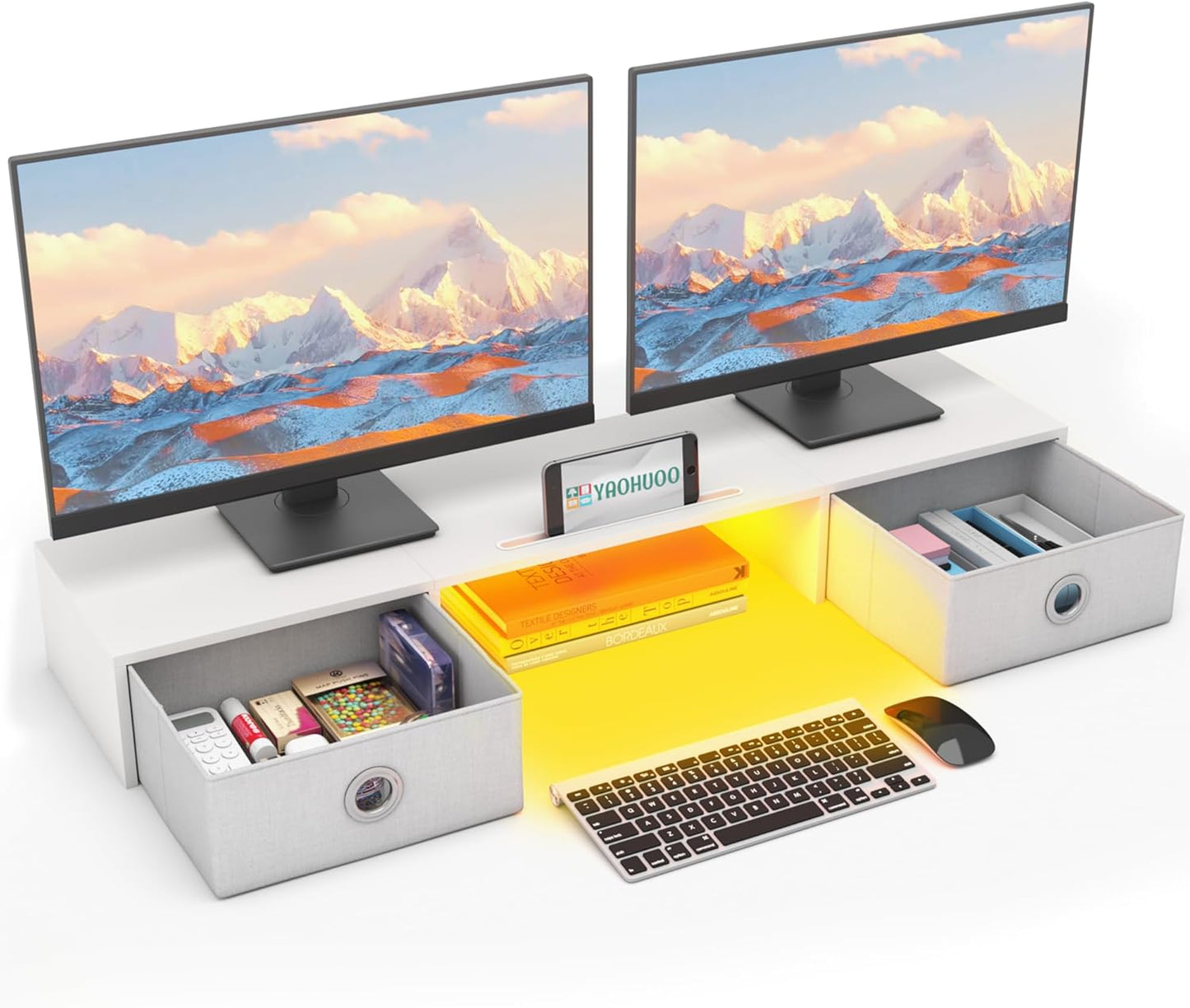 Dual Monitor Stand with LED Light and 2 Drawers for Organization