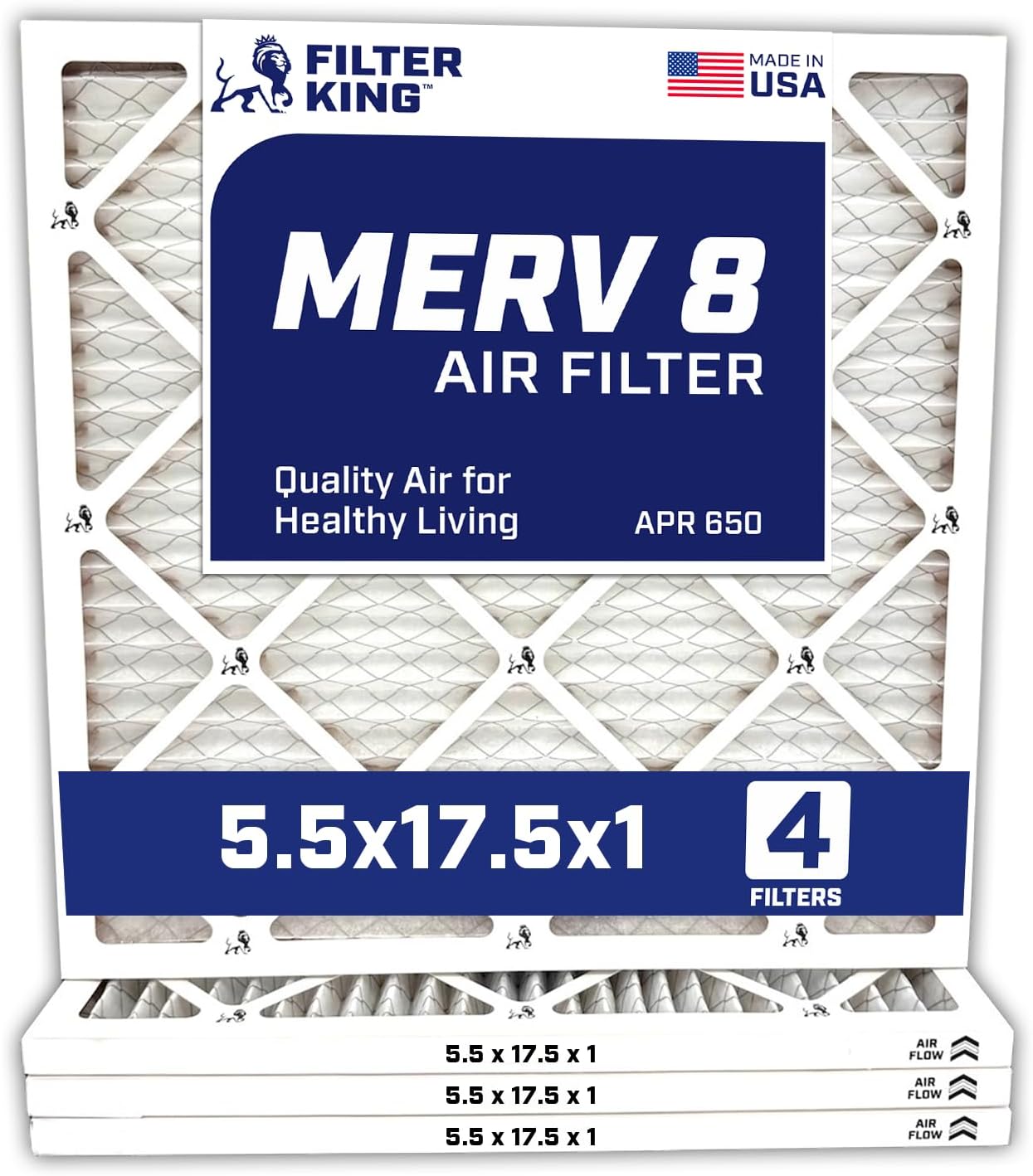 MERV 8 Air Filter 5.5x17.5x1 Pleated 4-Pack for HVAC Systems