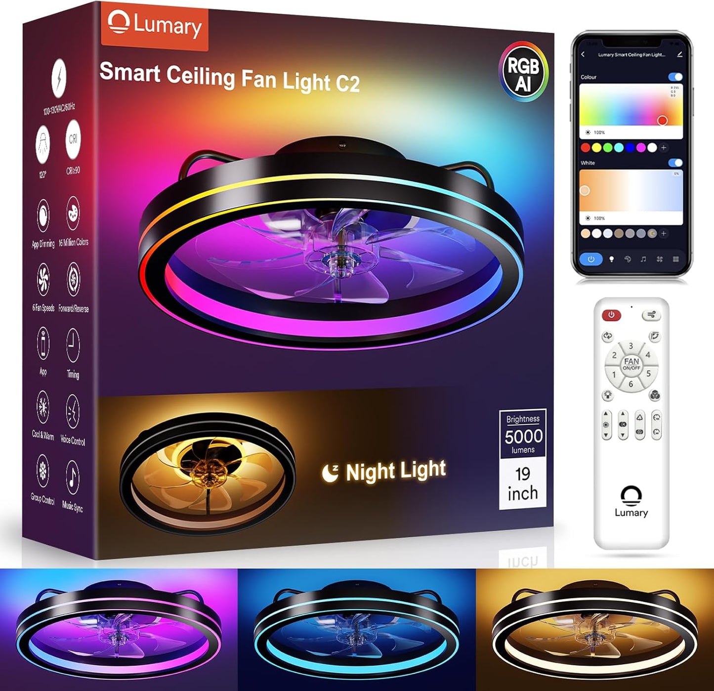 Lumary Smart Ceiling Fan Light with Nightlight and Remote Control