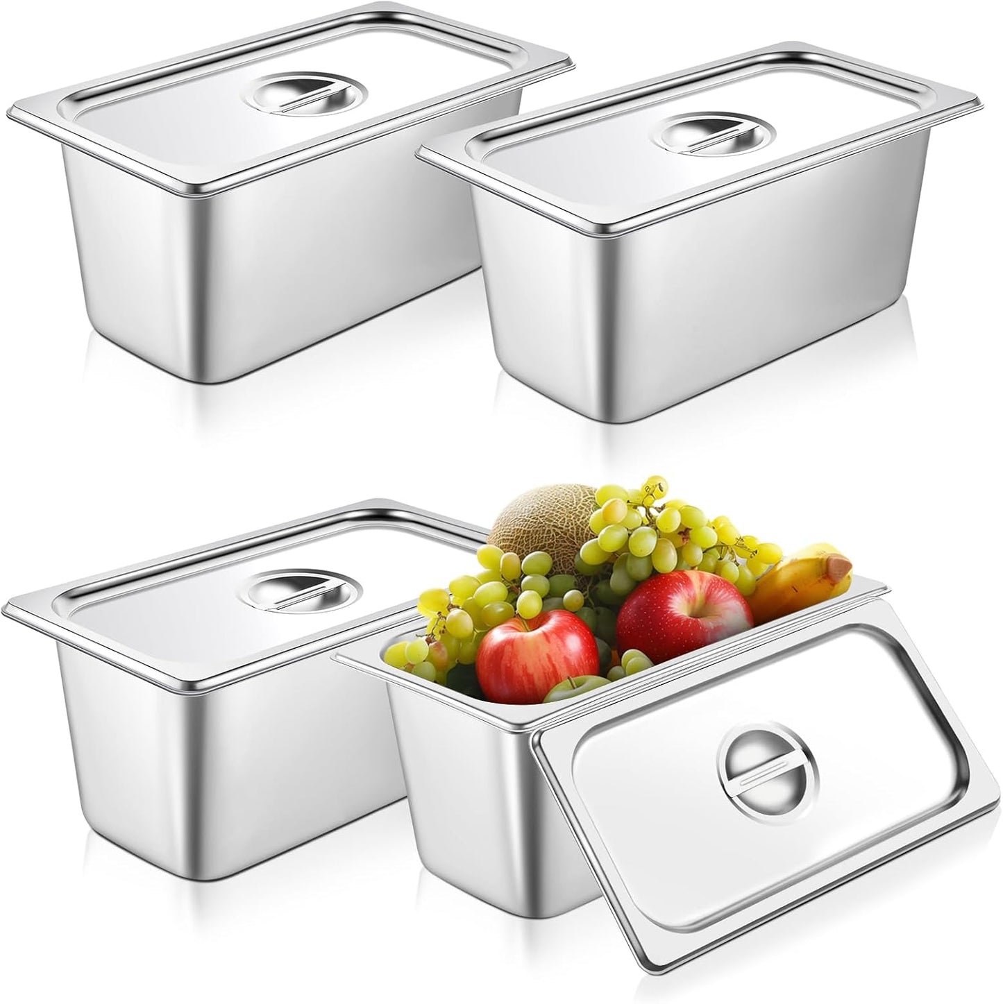 4 Pack 1/3 Size 6 Inch Deep Stainless Steel Hotel Pans with Lids