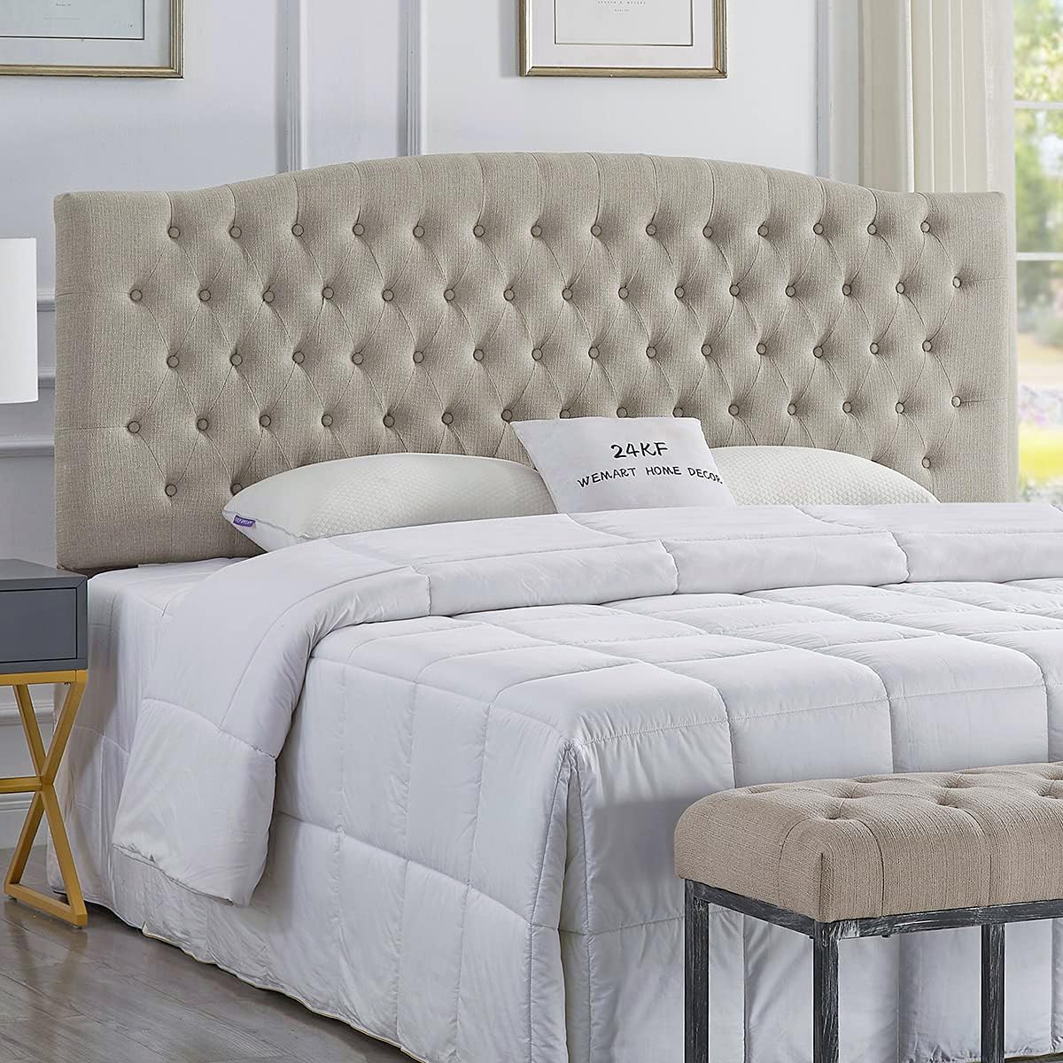 24KF Upholstered Tufted Button Linen Fabric Headboard for King