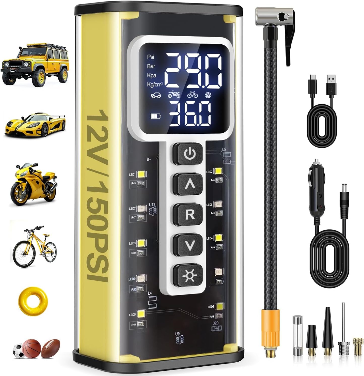 Fast Inflation Portable Tire Inflator - 150PSI | Dual Power | Pressure Gauge