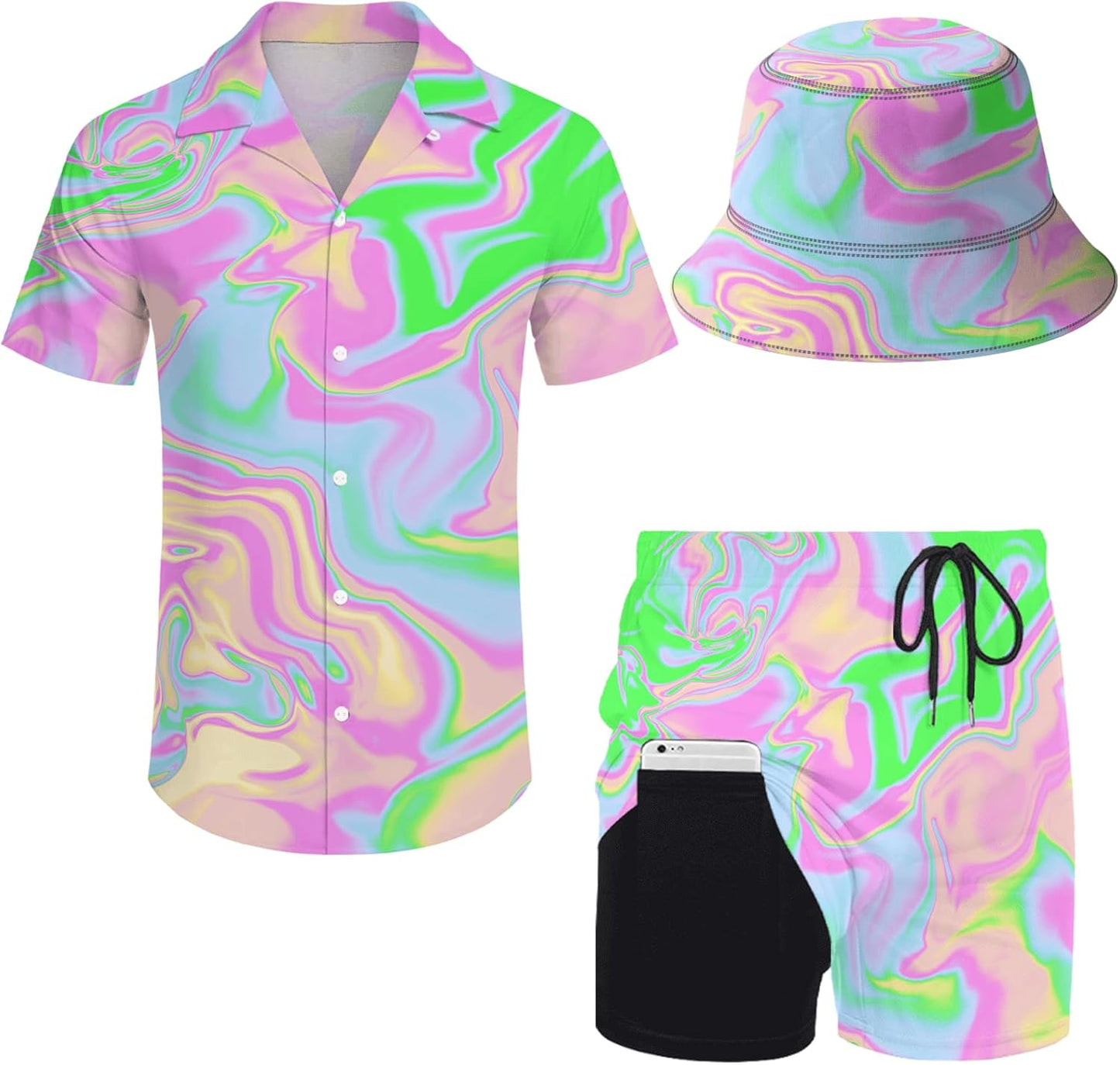 Mens 2 Piece Tracksuit Hawaiian Button Down Shirt Set with Hat
