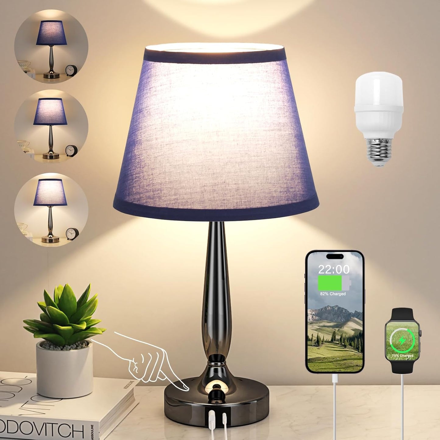 Kakanuo Touch Bedside Lamp with USB Ports for Modern Bedrooms