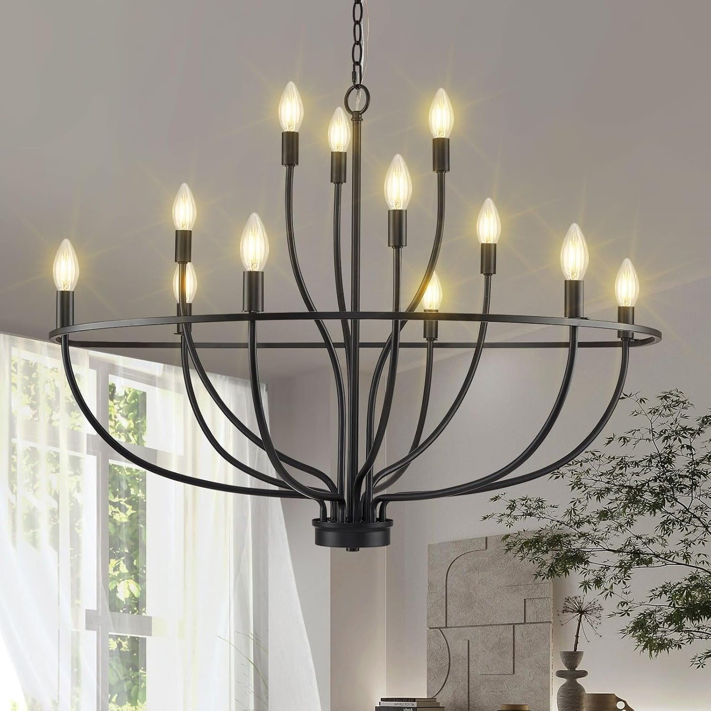 Elegant 12-Light Black Chandelier for High Ceilings and Foyers